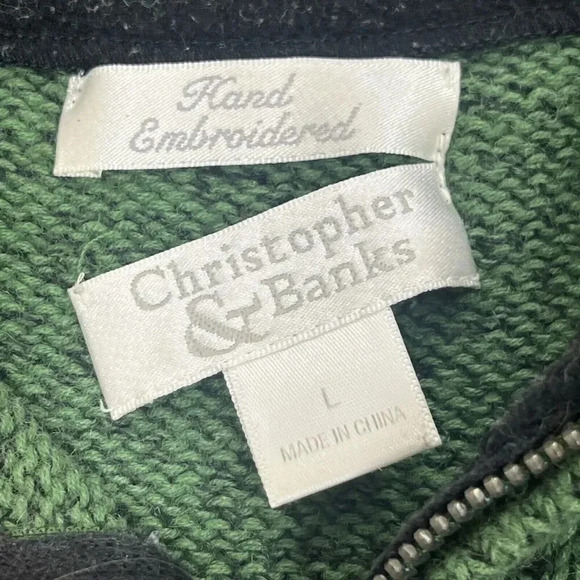 Christopher Banks Women’s Knit Sweater Green Size Large Hand Embroidered Cabin - Picture 7 of 12